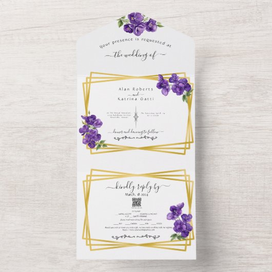 All in One Deep Lila Violets Wedite Einladung (Innen Boden)