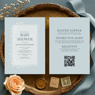 All in One Dusty Blue Botanische Florale Babyparty Einladung
