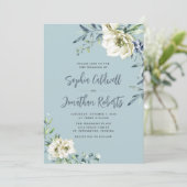 All in One Dusty Blue Eukalyptus Floral Wedding Einladung (Stehend Vorderseite)