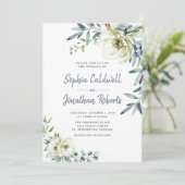 All in One Dusty Blue Eukalyptus Floral Wedding Einladung (Stehend Vorderseite)