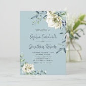 All in One Dusty Blue Eukalyptus Floral Wedding Einladung (Stehend Vorderseite)