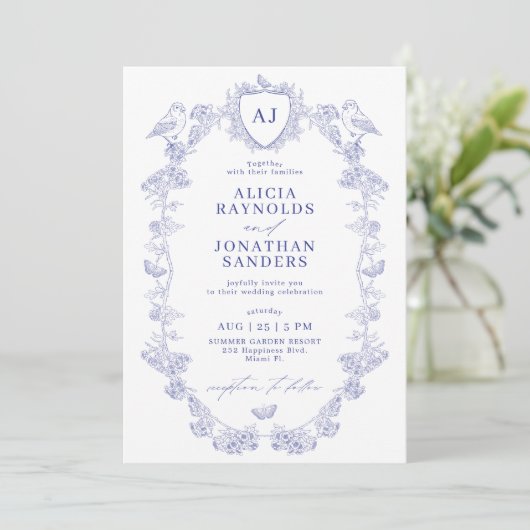 All in one dusty blue French floral wedding Einladung (Stehend Vorderseite)