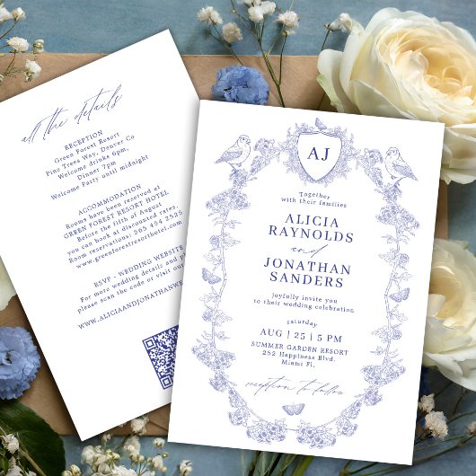 All in one dusty blue French floral wedding Einladung