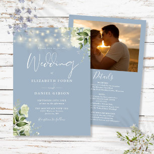 All In One Dusty Blue Greenery Light Foto Hochzeit Einladung