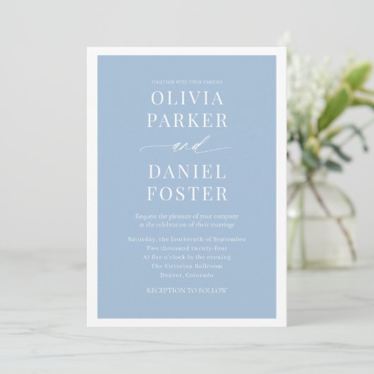 All in one Dusty Blue QR Code Minimalistische Hoch Einladung (Stehend Vorderseite)