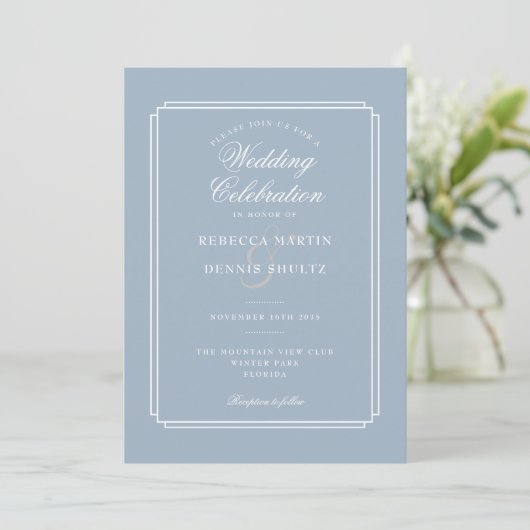 All in one dusty Blue Script Art Déco Wedding Einladung (Stehend Vorderseite)