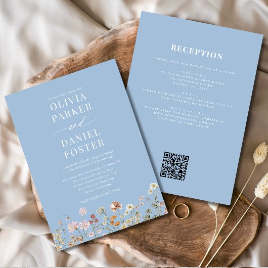All in One Dusty Blue Wildblume QR Code Wedding Einladung