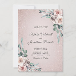 All in One Dusty Pink Roses Boho Glitzer Wedding Einladung