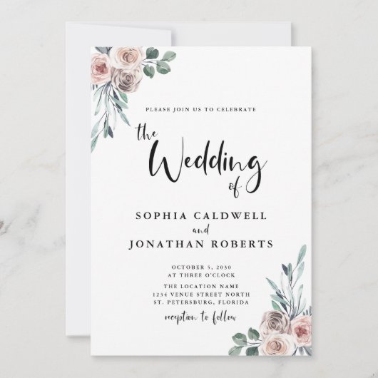 All in one Dusty Pink Roses Kalligrafy Wedding Einladung (Vorderseite)