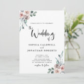 All in one Dusty Pink Roses Kalligrafy Wedding Einladung (Stehend Vorderseite)