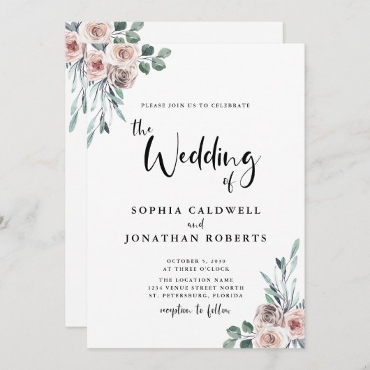 All in one Dusty Pink Roses Kalligrafy Wedding Einladung (Vorne/Hinten)