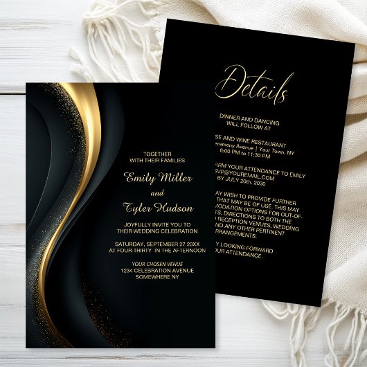 All in One Elegant Black and Gold Wedding Einladung