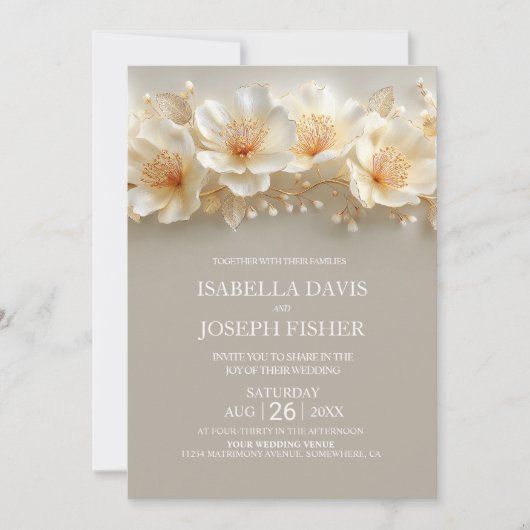 All in One Elegant White and Gold Floral Wedding Einladung (Vorderseite)