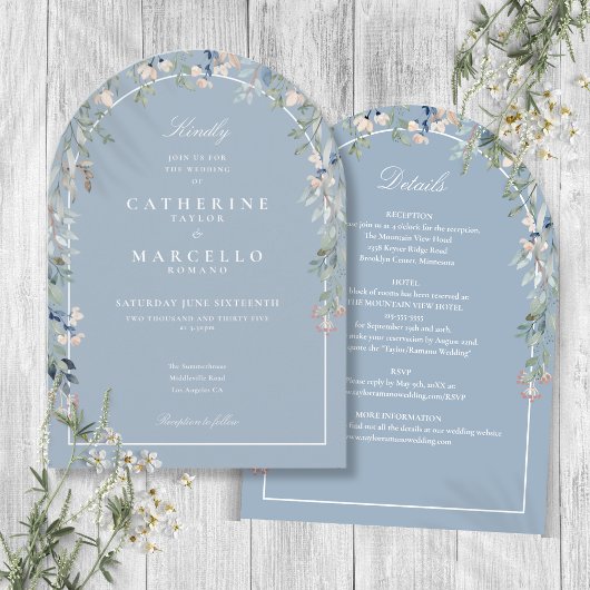 All in one elegante dusty Blue Floral Arch Wedding Einladung