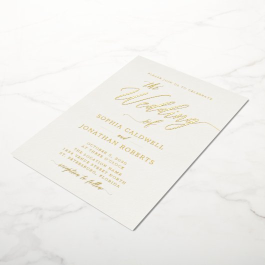 All in one elegante Gold Calligrafy Cream Wedding Folieneinladung (Gedreht)