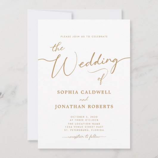 All in one Elegante Gold Calligrafy Wedding Einladung (Vorderseite)