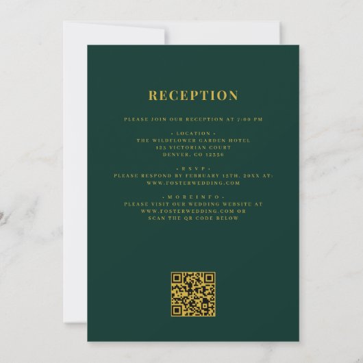 All in one Emerald Green Gold QR Code Wedding Einladung (Rückseite)