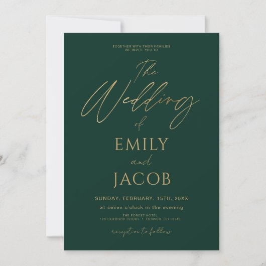 All in one Emerald Green Gold Wedding Script Einladung (Vorderseite)