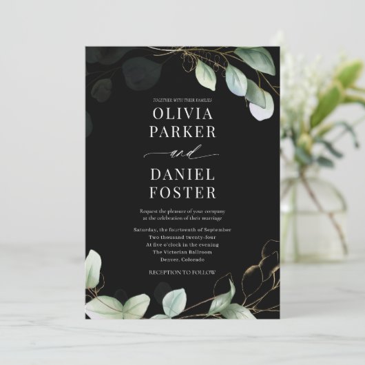 All in one Eukalyptus Black QR Code Wedding Einladung (Stehend Vorderseite)