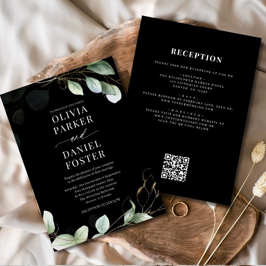 All in one Eukalyptus Black QR Code Wedding Einladung