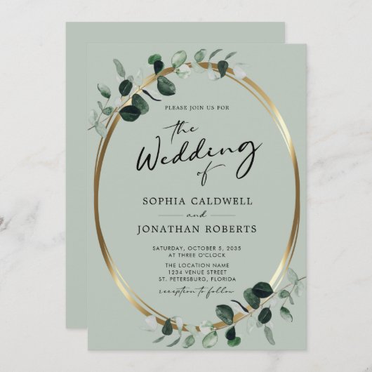 All in one Eukalyptus Calligrafy Sage Wedding Einladung (Vorne/Hinten)