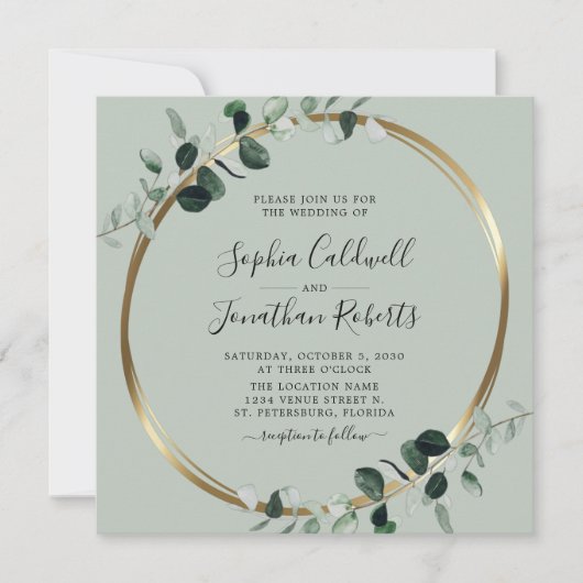 All in one Eukalyptus Gold Sage Square Wedding Einladung (Vorderseite)