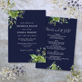 All in one Eukalyptus Greenery Navy Blue Wedding Einladung