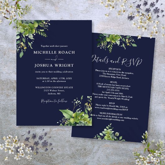 All in one Eukalyptus Greenery Navy Blue Wedding Einladung