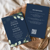 All in one Eukalyptus Navy Blue QR Code Wedding Einladung