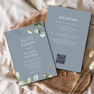 All in one Eukalyptus QR Code Dusty Blue Wedding Einladung