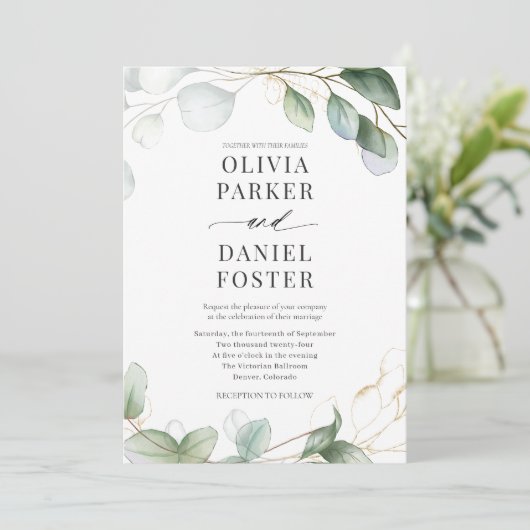 All in one Eukalyptus QR Code Greenerity Wedding Einladung (Stehend Vorderseite)