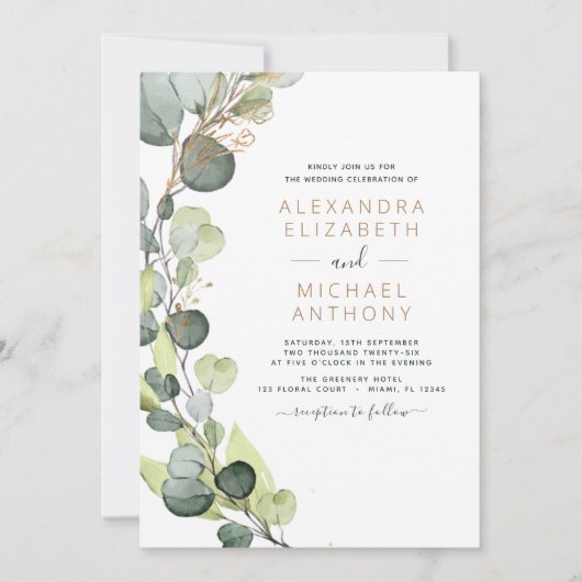 All in one Eukalyptus QR Code Wedding Greenery Einladung (Vorderseite)