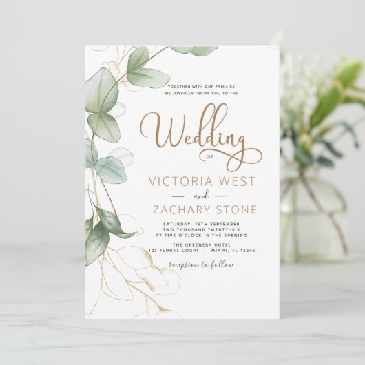 All in one Eukalyptus QR Code Wedding Greenery Einladung (Stehend Vorderseite)