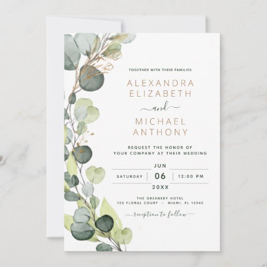 All in one Eukalyptus QR Code Wedding Greenery Einladung (Vorderseite)