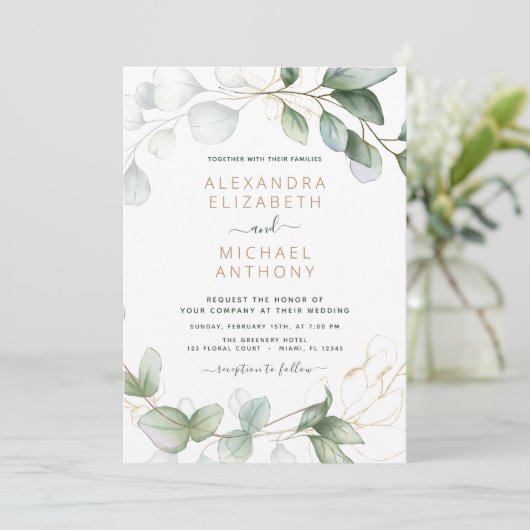 All in one Eukalyptus QR Code Wedding Greenery Einladung (Stehend Vorderseite)