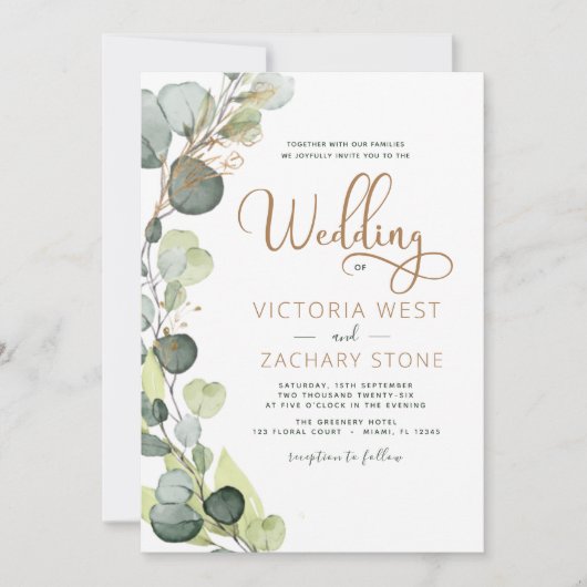 All in one Eukalyptus QR Code Wedding Greenery Einladung (Vorderseite)