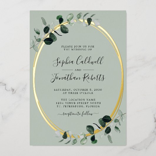 All in one Eukalyptus Sage Gold Oval Wedding Folieneinladung (Vorderseite)