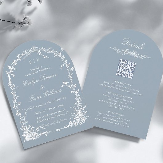 All in One Floral Arch Garden Wedding Dusty Blue Einladung