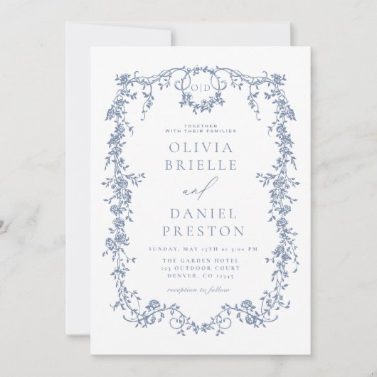 All in one French Dusty Blue QR Code Wedding Einladung (Vorderseite)