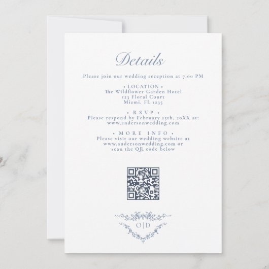 All in one French Dusty Blue QR Code Wedding Einladung (Rückseite)
