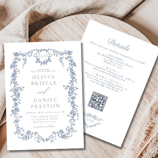 All in one French Dusty Blue QR Code Wedding Einladung