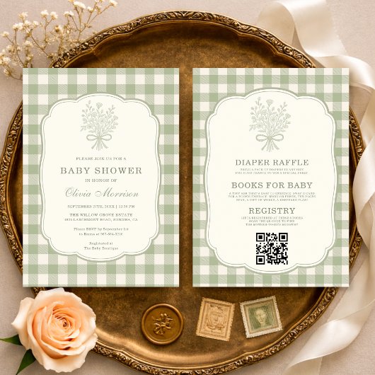 All in One Gingham Floral Bow Baby Shower Einladung