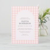 All in One Gingham Pink Girl Baby Shower Einladung (Stehend Vorderseite)