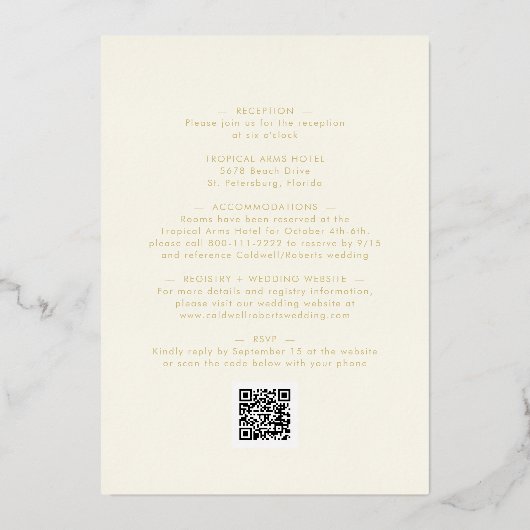 All in One Gold Calligraphy on Cream Wedding Folieneinladung (Rückseite)