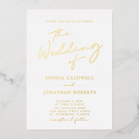 All in One Gold Calligraphy Script Wedding Folieneinladung (Vorderseite)