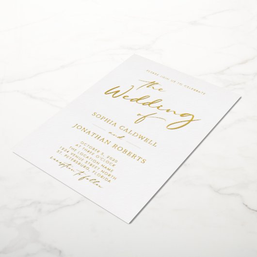 All in One Gold Calligraphy Script Wedding Folieneinladung (Gedreht)