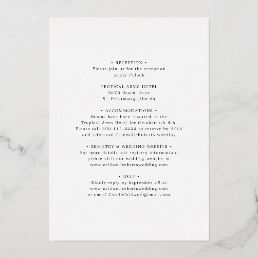 All in One Gold Calligraphy Script Wedding Folieneinladung (Rückseite)