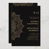 All in One Gold Mandala Monogram Black Wedding Einladung (Vorne/Hinten)