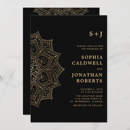 All in One Gold Mandala Monogram Black Wedding Einladung (Vorne/Hinten)