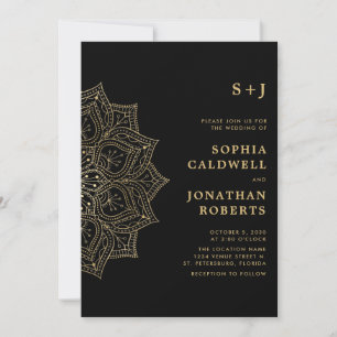 All in One Gold Mandala Monogram Black Wedding Einladung